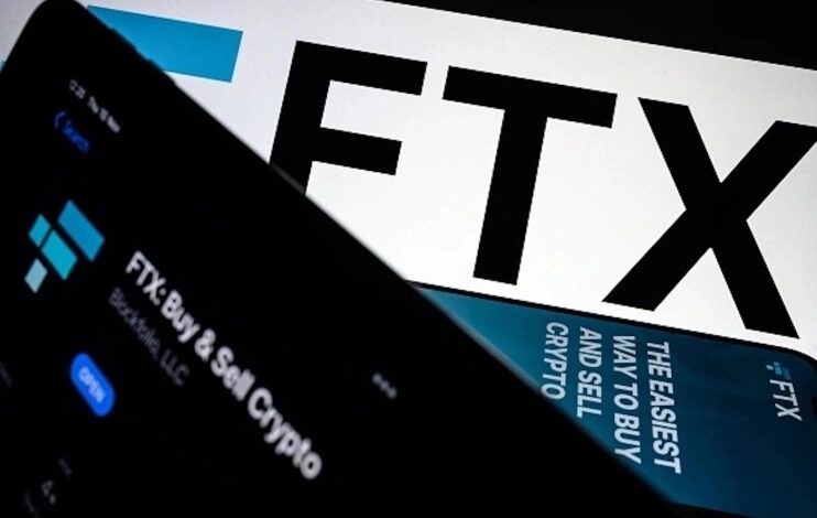 Photo illustration the FTX logo and mobile app adverts