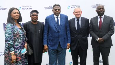 L-R. Mrs. Elenda Giwa-Amu, Executive Director, Lafarge Africa Plc, Prince Adebode Adefioye, Chairman, Lafarge Africa Plc, Senator Bassey Otu, Governor, Cross Rivers State, Mr. Grant Earnshaw, Area Manager, Middle East & Africa, Holcim and Mr. Lolu Alade-Akinyemi, GMD/CEO, Lafarge Africa Plc, during the commissioning of the 20km Evacuation Road at Mfamosing, Cross Rivers State by Lafarge Africa Plc on Thursday, March 21, 2024.