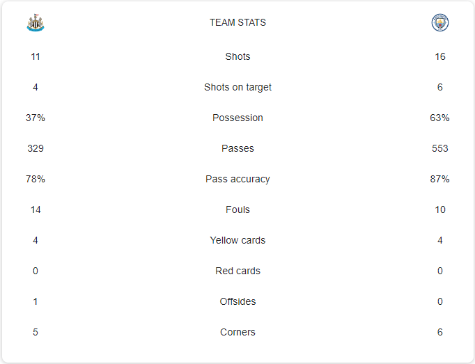 Newcastle 1-1 Man City Stats