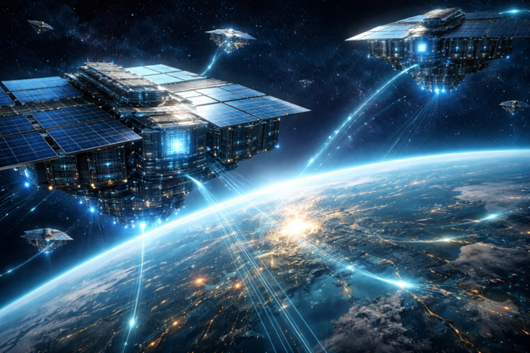 Illustration of orbital data centers powered by solar panels in space, representing Elon Musk’s vision for future AI infrastructure beyond Earth.
