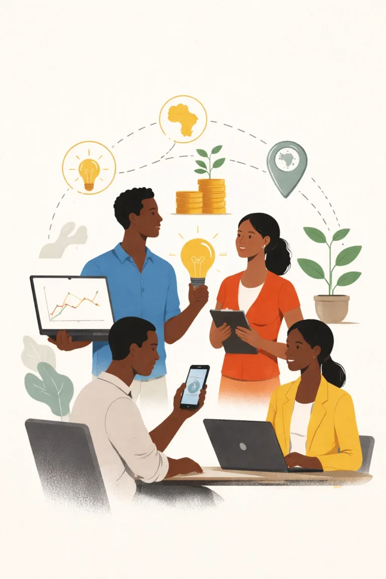 entrepreneurs and investors collaborating around laptops and digital devices