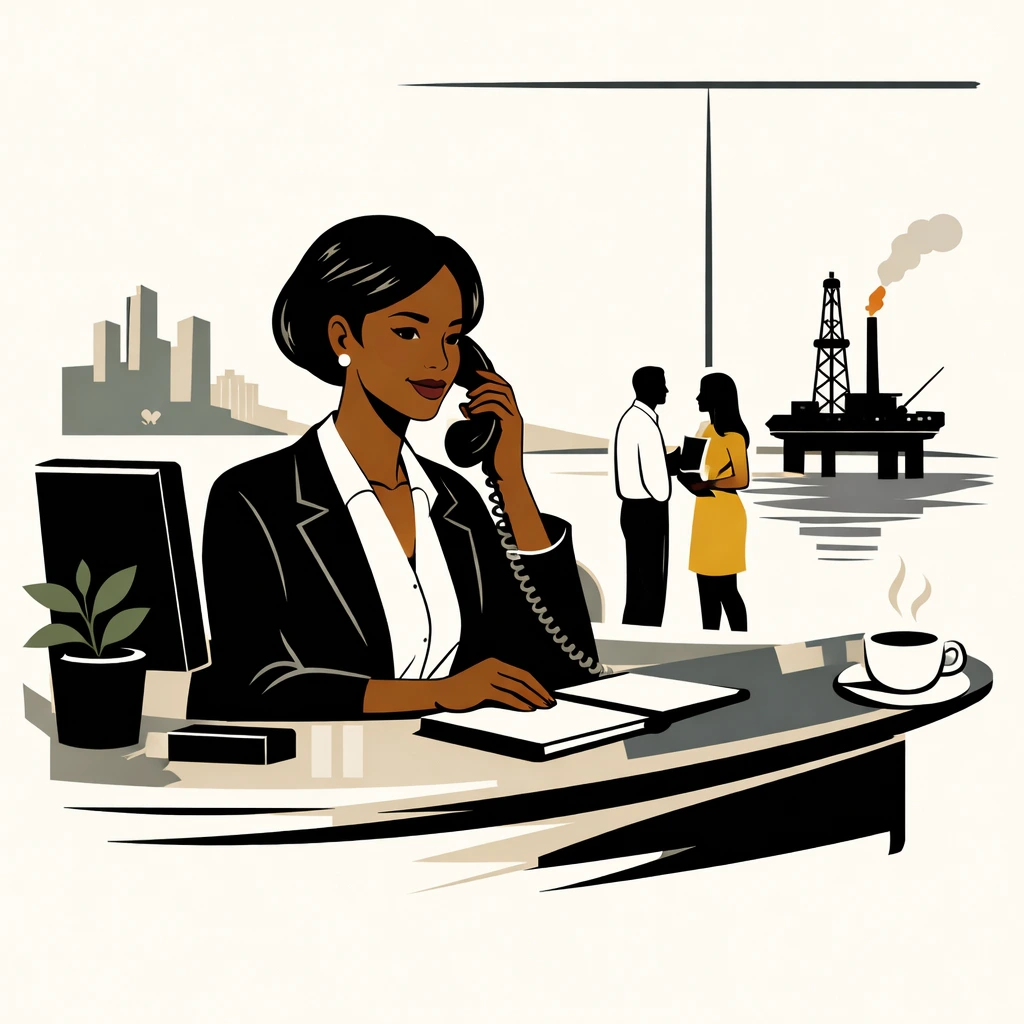 illustration of a professional woman at a desk on the phone, writing in a notebook in a modern office with a subtle city skyline and corporate oil and gas setting.