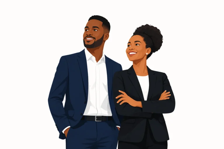 two young professionals standing side by side against a plain light background,