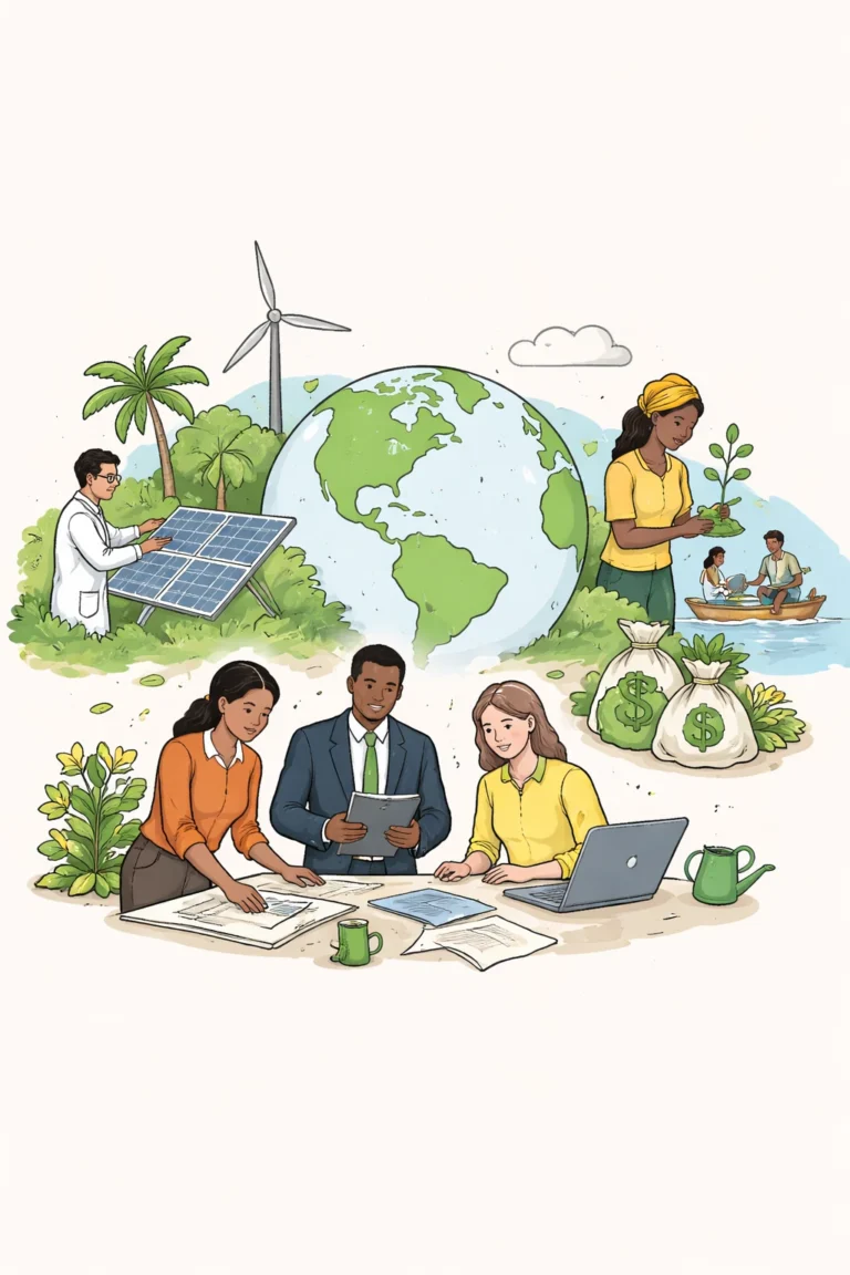 a diverse group collaborating on climate finance projects around a globe