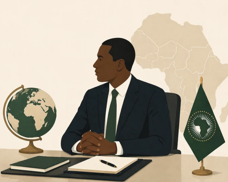 illustration of a suited African official at a desk with a globe and regional flag against a plain background.