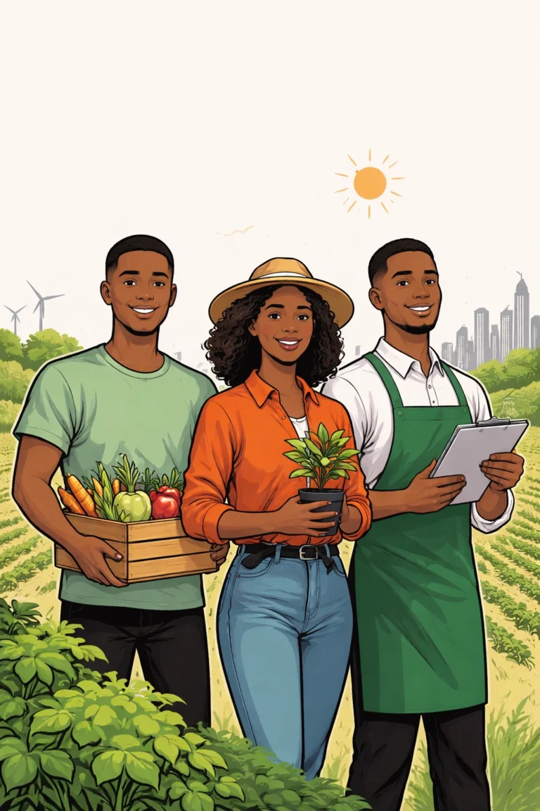 illustration of three young farmers holding produce and plants in a clean, sunlit agricultural setting with a simple background.