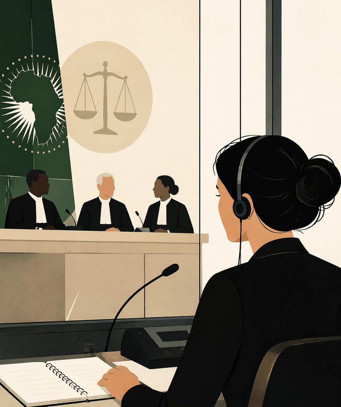 illustration of a courtroom scene: three judges seated at a bench beneath a justice symbol, while a female interpreter wearing a headset works at a desk behind glass in the foreground, taking notes and listening intently.
