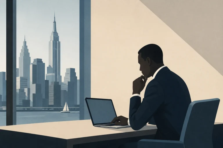 a suited professional sitting at a desk with a laptop