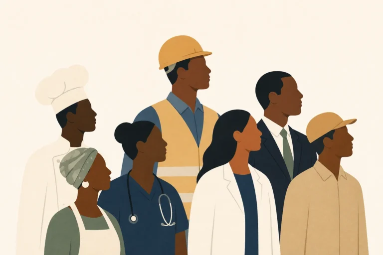 Nigerian workers—including a chef, nurse, construction worker, and office professional—standing together in unity