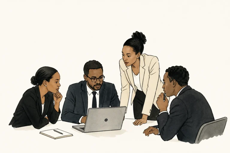 Four young professionals in formal business attire