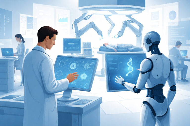 a futuristic medical lab where a doctor and an AI humanoid robot collaborate
