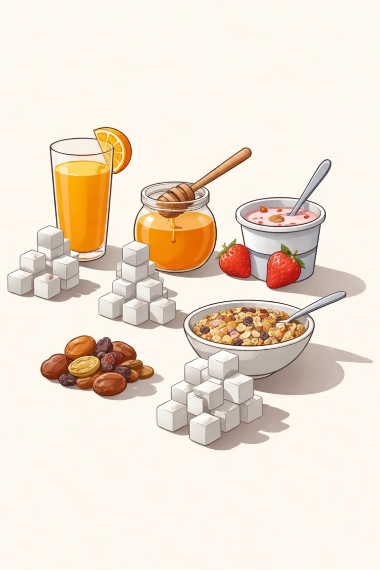 A picture of natural meals and their equivalent in grams of sugar