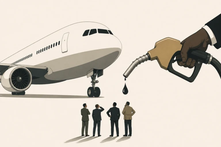 a large passenger airplane facing a fuel nozzle dripping a single drop, while four small suited figures stand below observing