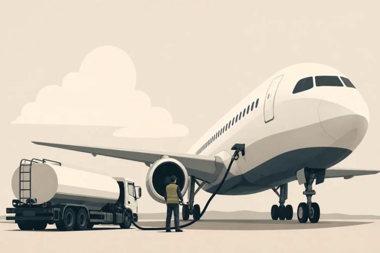llustration of an airport refueling scene showing a commercial airplane being serviced by a fuel tanker