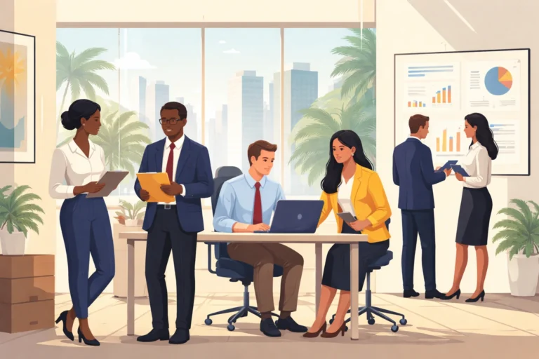 Corporate professionals working in a modern office environment representing finance and risk management jobs in Lagos