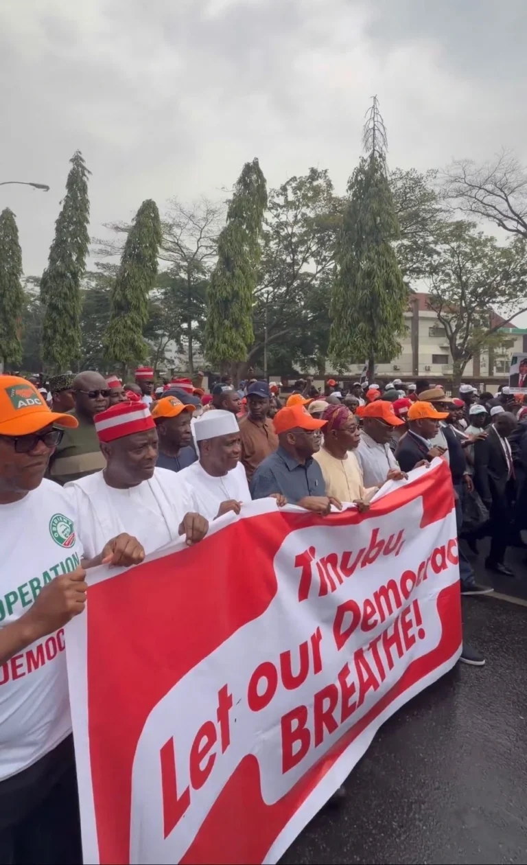 Peter Obi alongside other leaders of ADC leading protest in Abuja