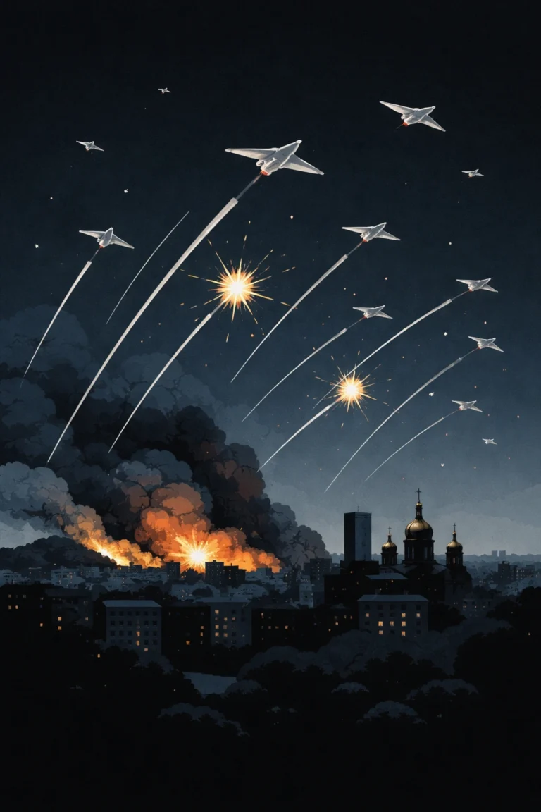 Night sky over Ukrainian city during drone attack with air defense interceptions and explosions visible