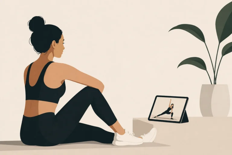 a woman in workout clothes sitting on the floor