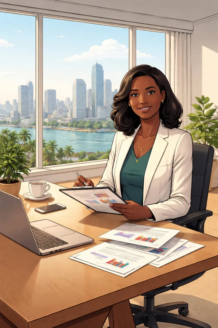 a confident professional woman working at a modern desk