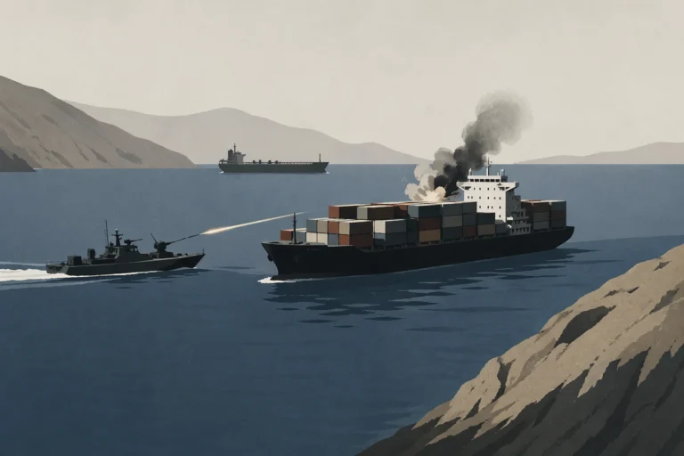 a maritime conflict at sea showing a large container cargo ship under attack
