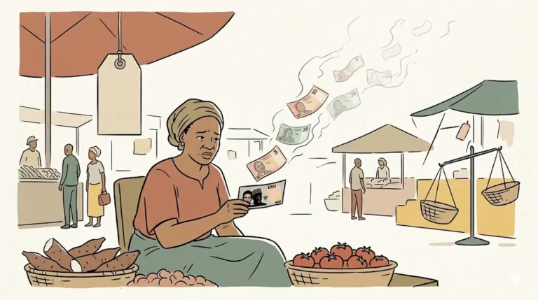 A worried West African woman sits between baskets of yams and tomatoes, holding a ₦1000 note as smaller, faded naira notes drift upward like smoke.