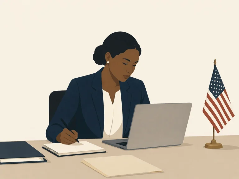 a professional Black woman working at a desk in a quiet office