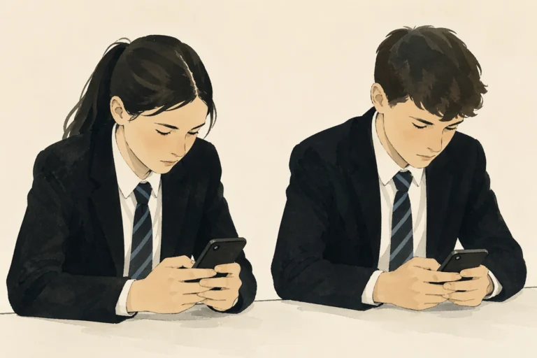 Two students in school uniforms sit side by side at a desk