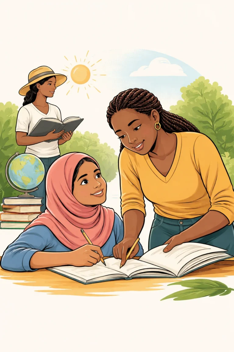 female teacher guiding a young girl as she writes in a notebook