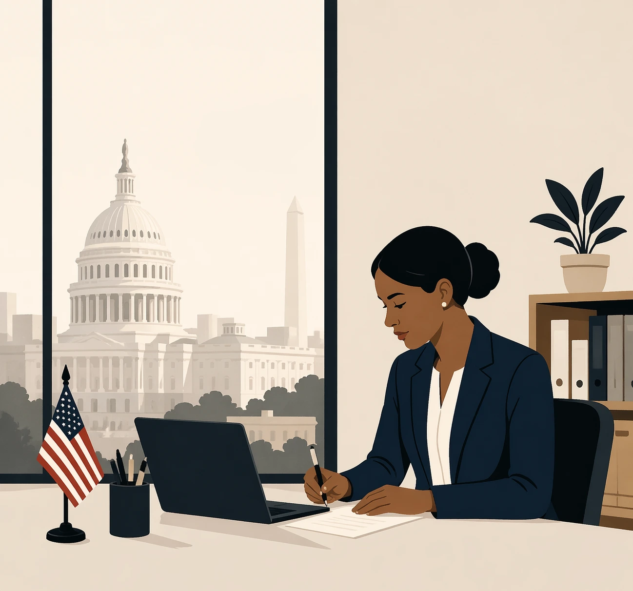 a professional woman working at a desk in a modern office