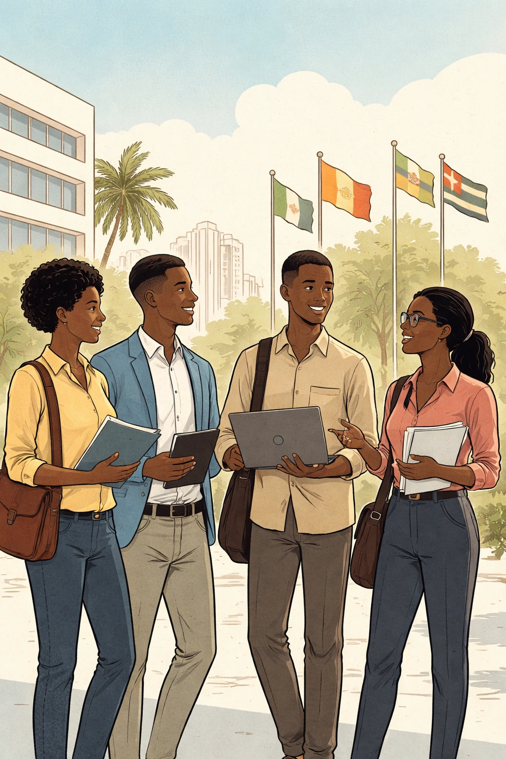 four young African professionals standing outdoors, holding notebooks and a laptop, engaged in conversation