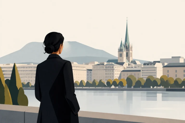 a professional figure overlooking a calm waterfront