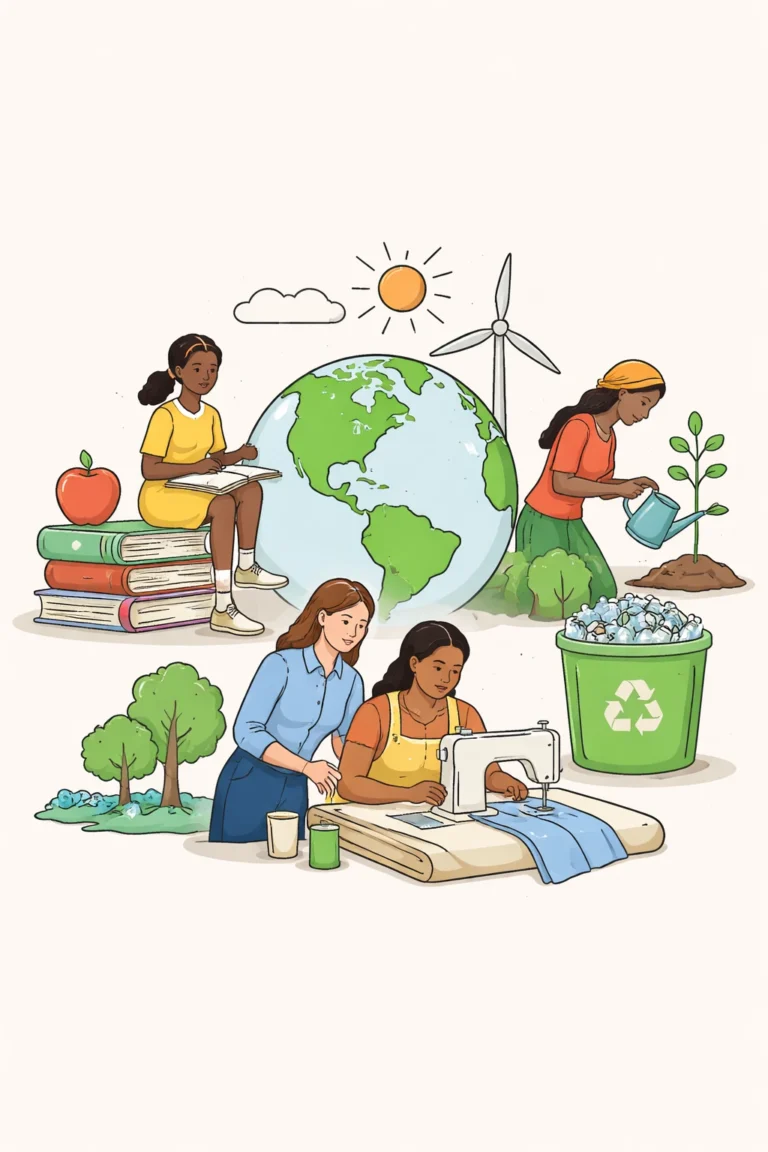 a diverse group of women around a globe, depicting education, environmental care, and economic empowerment