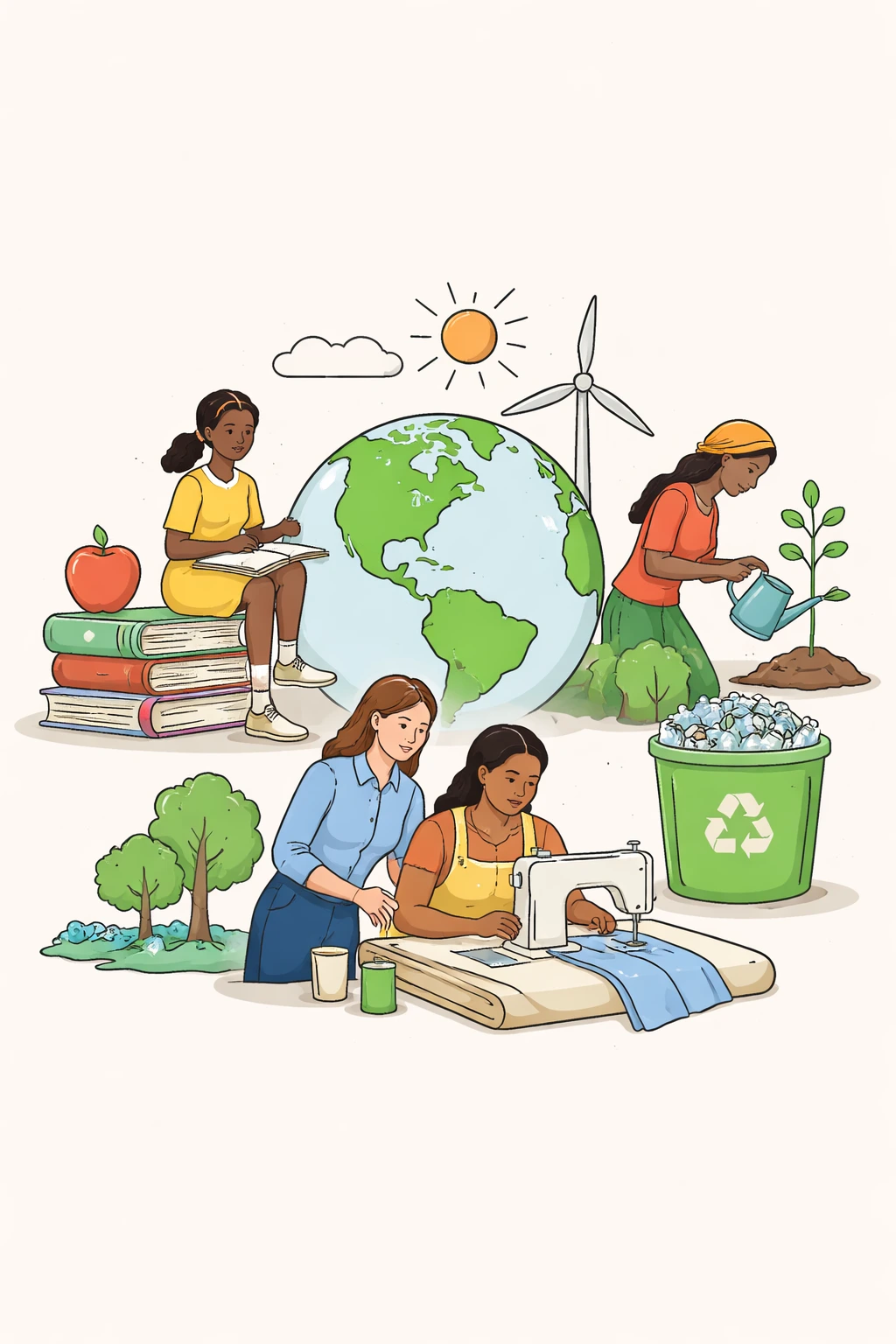 a diverse group of women around a globe, depicting education, environmental care, and economic empowerment