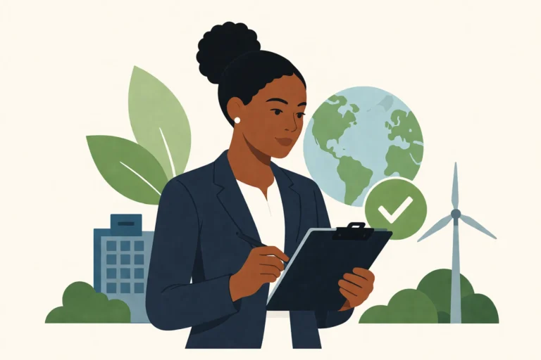 a professional Black female environmental auditor reviewing a clipboard