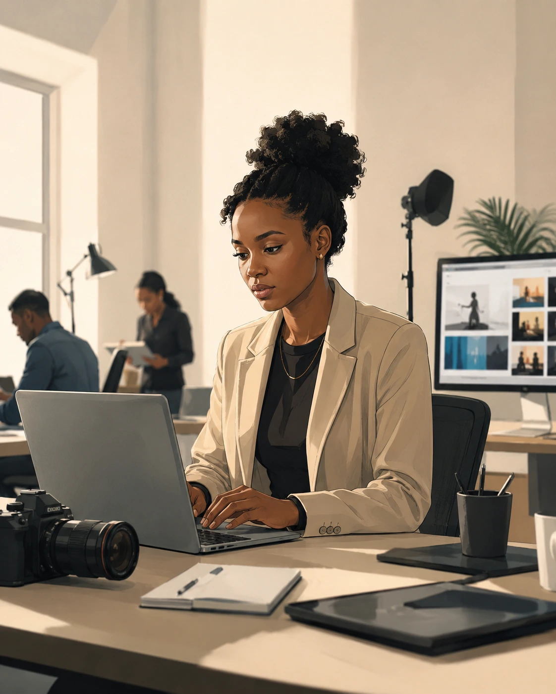 A young Black woman sits focused at a laptop