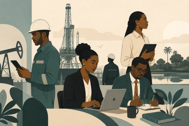 illustration showing young Nigerian energy professionals working across office and oilfield environments