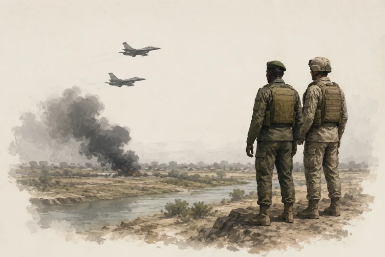 Two soldiers stand on a raised ridge overlooking wide smoke from a fire while two fighter jets fly overhead.