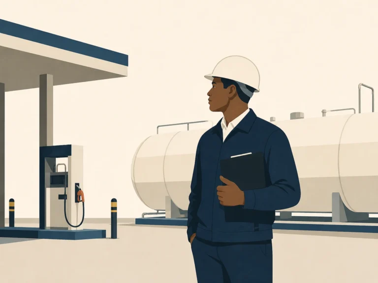 illustration of an LPG station with a uniformed worker holding a clipboard