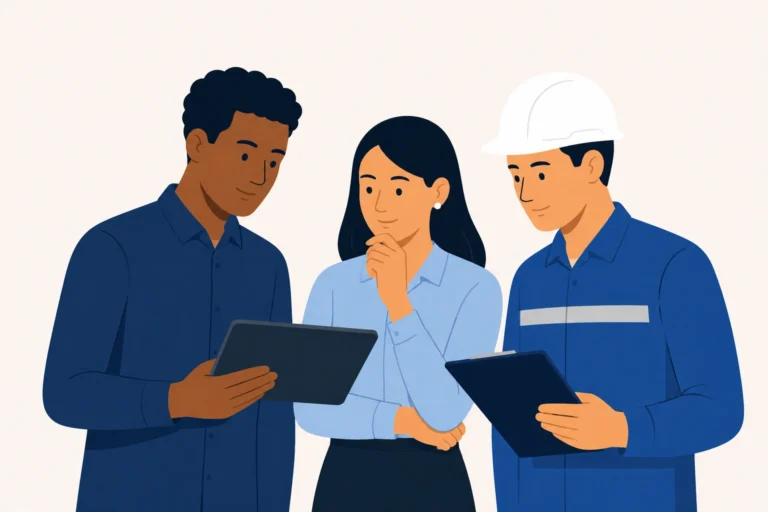 Young professionals and engineering graduates collaborating in a modern energy industry office