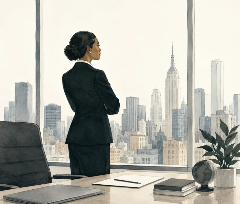 a female executive standing in a modern office overlooking a city skyline through floor-to-ceiling windows. A clean desk with a laptop, books, and a globe sits in the foreground