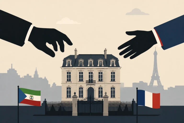a luxury Paris mansion flanked by the flags of France and Equatorial Guinea