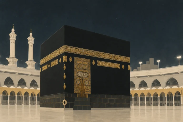 the Holy Kaaba draped in its black Kiswa with intricate gold embroidery