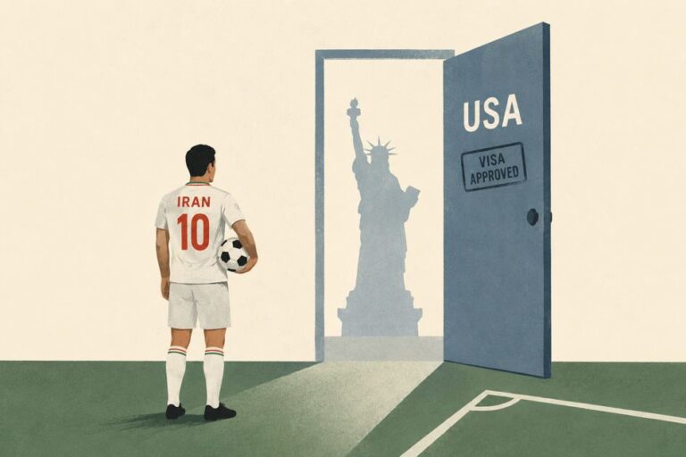 Iran football player approaches an open doorway marked USA after receiving visas for the 2026 FIFA World Cup.