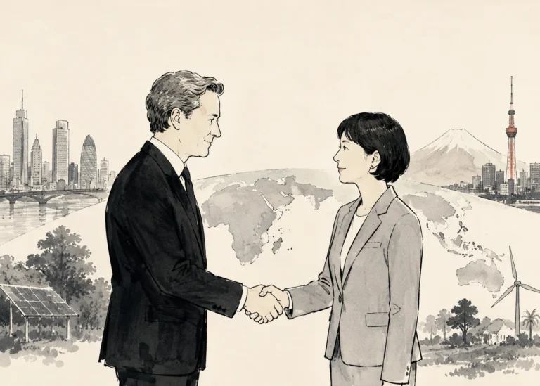 Two senior officials from the United Kingdom and Japan shake hands