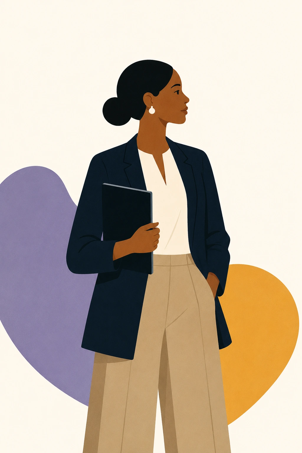 Black female arts professional holding a portfolio, dressed in a navy blazer and beige trousers, standing against a plain cream background
