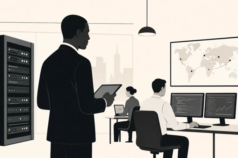 illustration of an IT operations manager overseeing a modern technology environment with server infrastructure