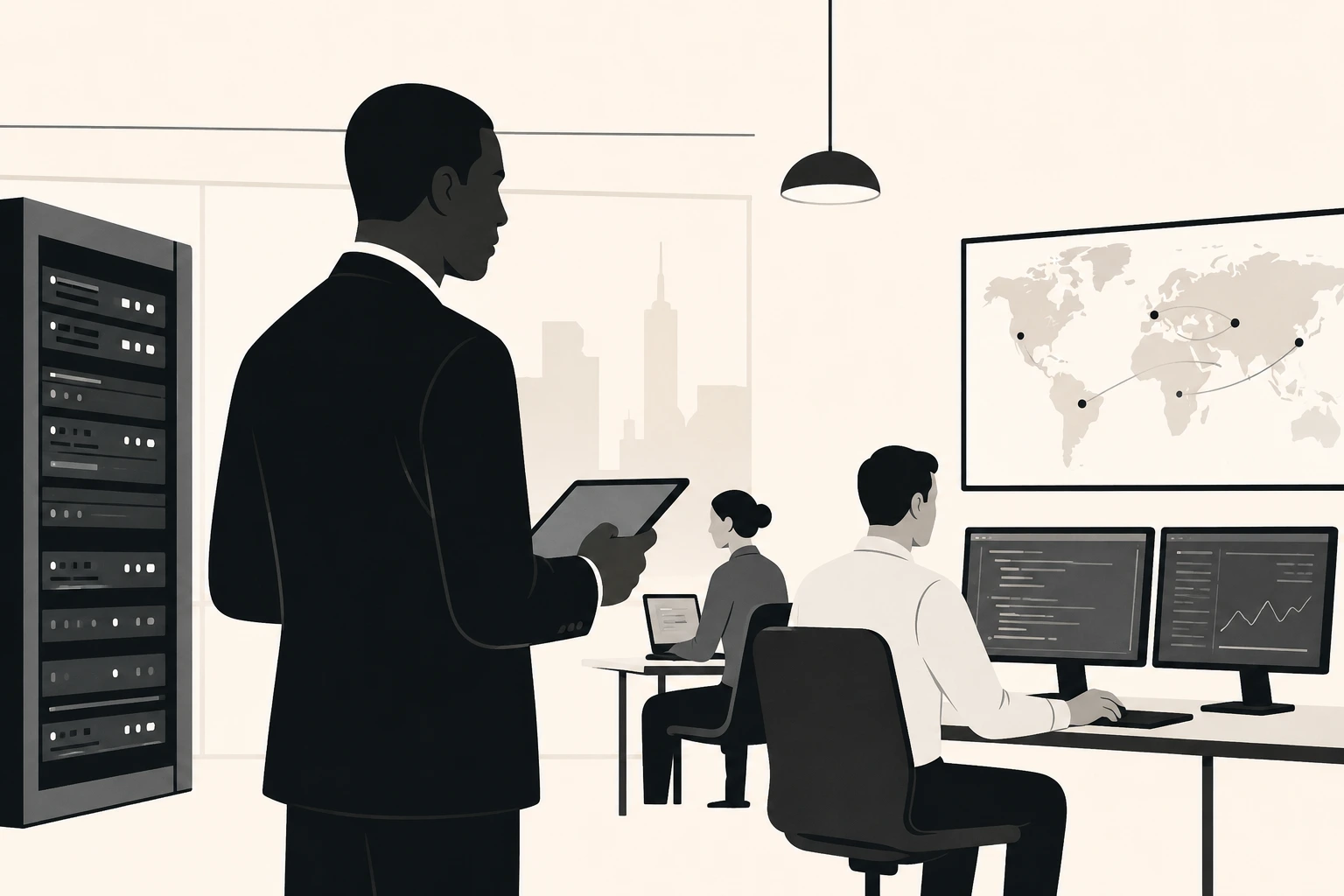 illustration of an IT operations manager overseeing a modern technology environment with server infrastructure