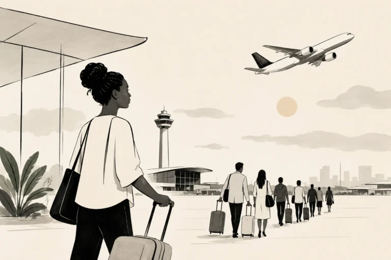 Passengers at Félix Houphouët-Boigny International Airport in Abidjan as Côte d’Ivoire implements ECOWAS aviation tax cuts aimed at reducing regional air travel costs.