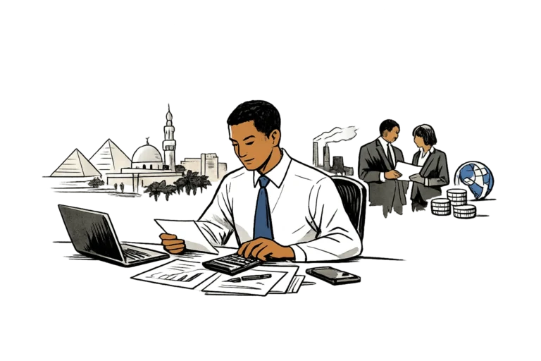 an investment analyst reviewing financial documents at a desk with a laptop and calculator