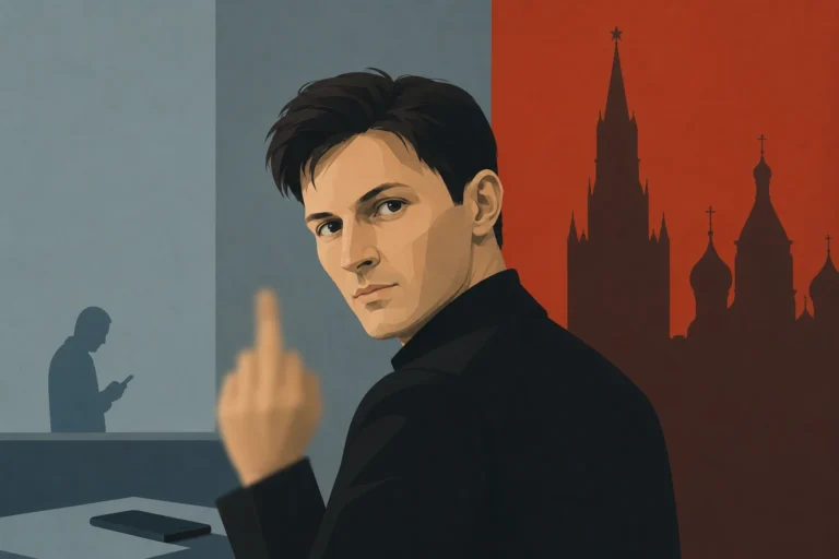 Telegram founder Pavel Durov looking over his shoulder, with a blurred raised hand in the foreground and a stylized Kremlin skyline in the background, symbolizing Russia's legal action against the messaging platform.